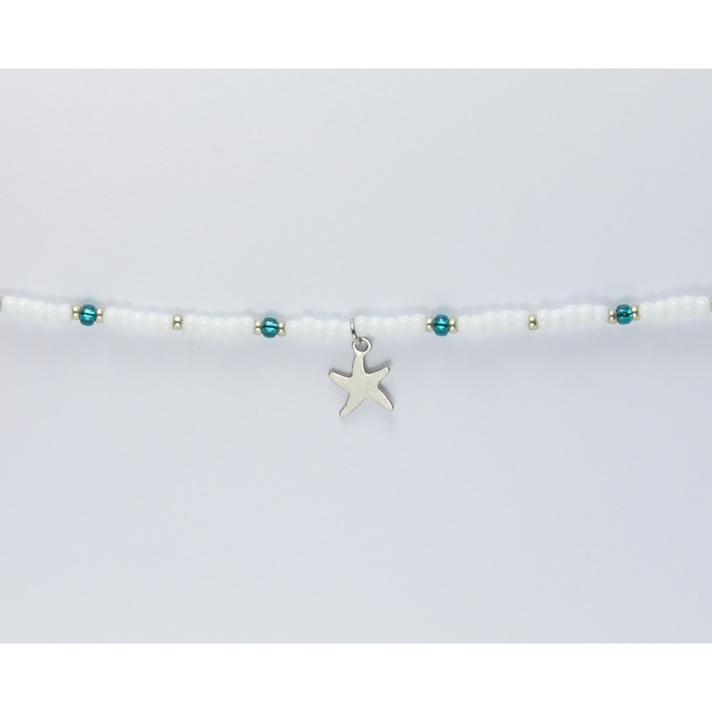 Bracelet de cheville cordon blanc, bleu étoile de mer argenté