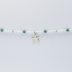 Bracelet de cheville cordon blanc, bleu étoile de mer argenté